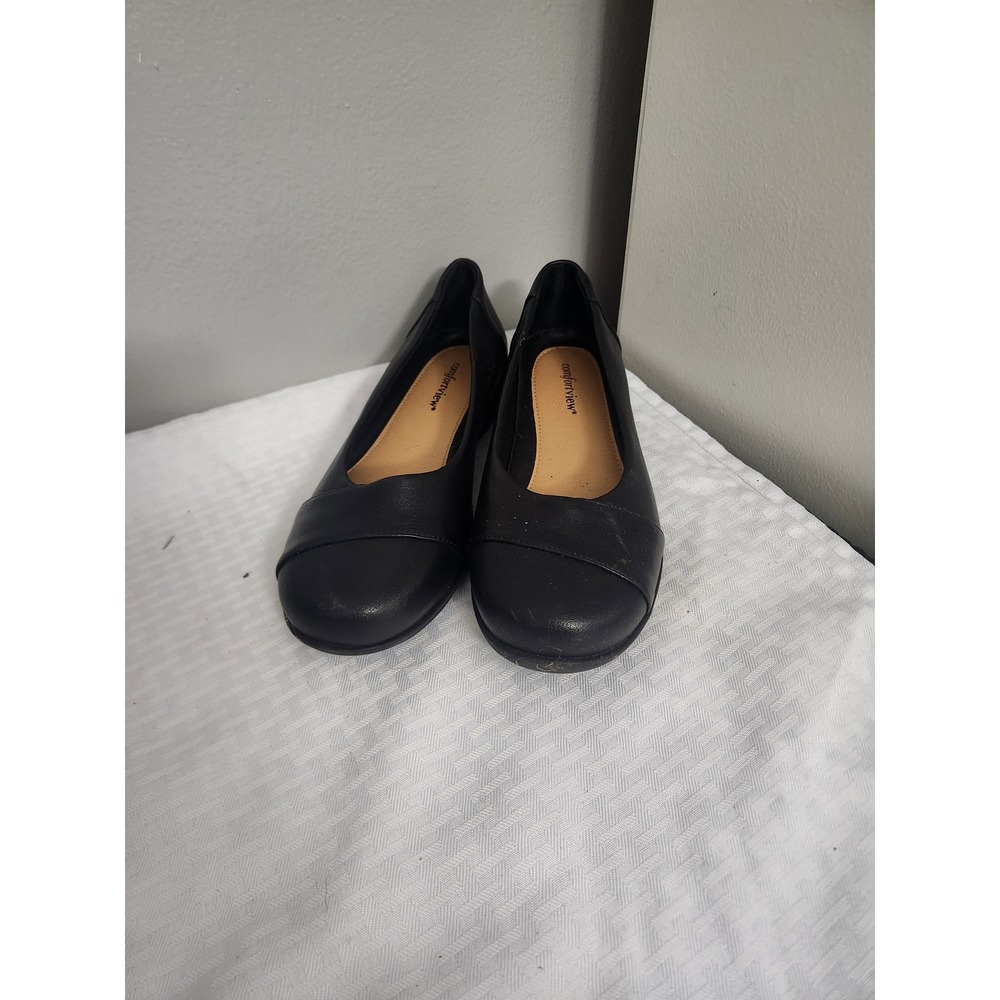 Comfortview Womens Black Round Toe Slip On Wedge Flats Size 7.5 W GAB#07118